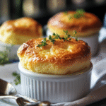 Cheese Soufflé Golden, puffed-up cheese soufflé in a white ramekin — a classic French cheese soufflé recipe baked to perfection.1