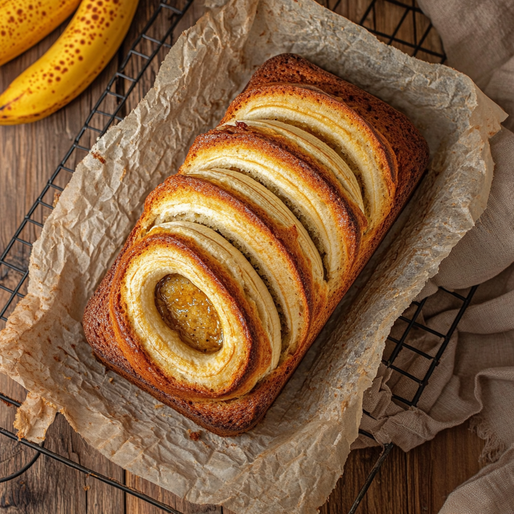 A freshly baked loaf of banana bread made with oil, sliced and served on a wooden cutting board.2
