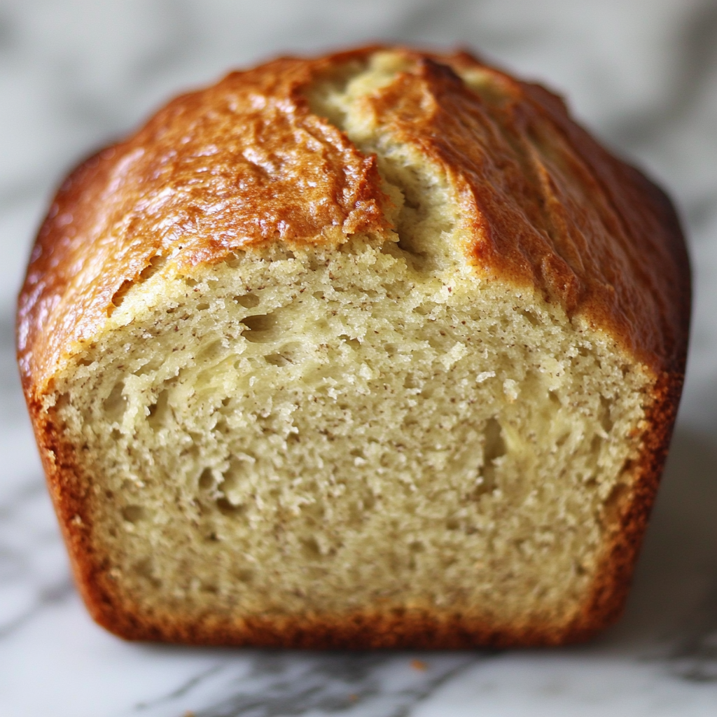 A freshly baked loaf of banana bread made with oil, sliced and served on a wooden cutting board.4