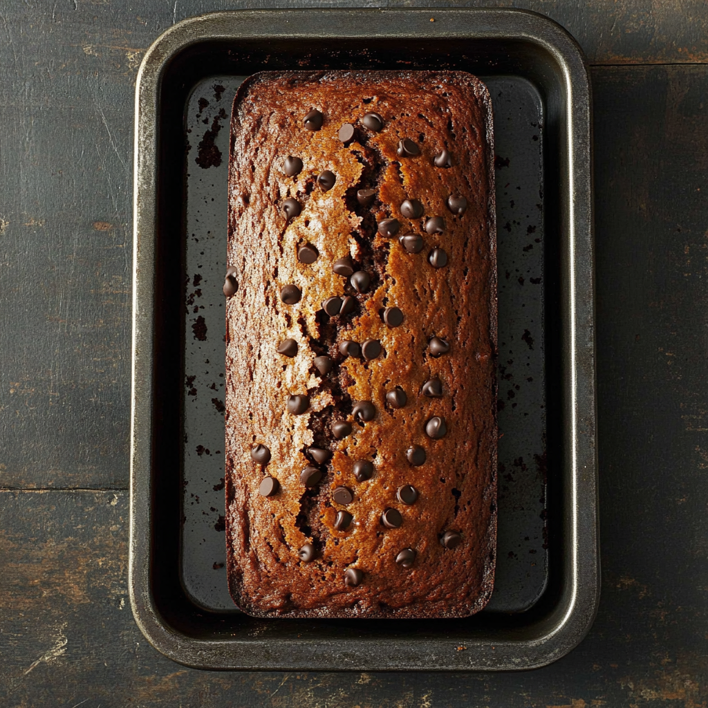 Freshly baked chocolate chip banana bread loaf sliced on a wooden board4