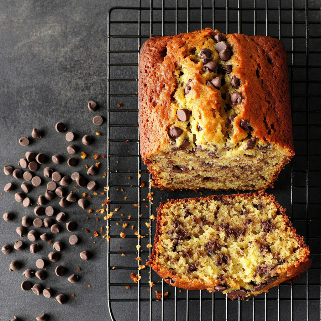 Freshly baked chocolate chip banana bread loaf sliced on a wooden board3