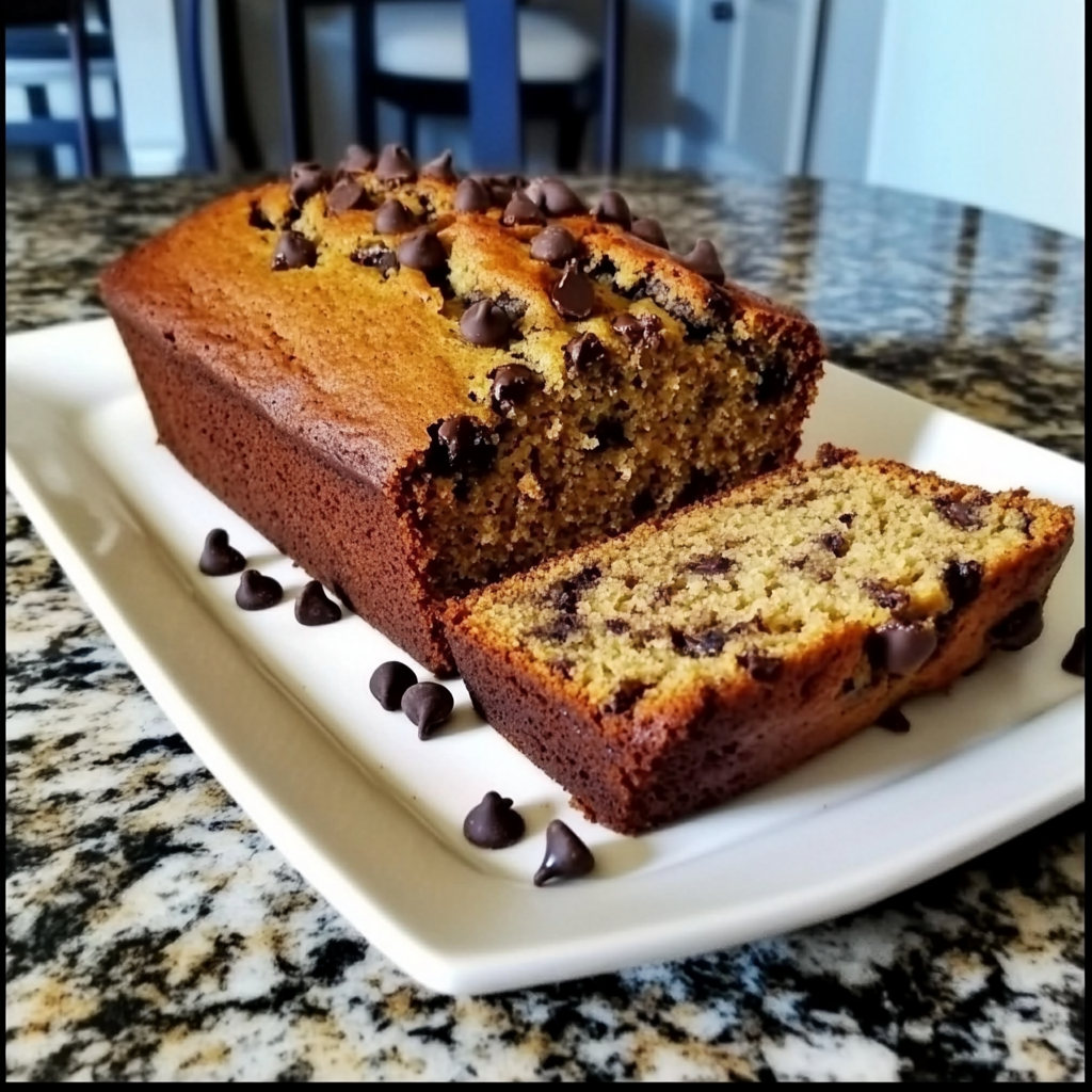 Freshly baked chocolate chip banana bread loaf sliced on a wooden board2
