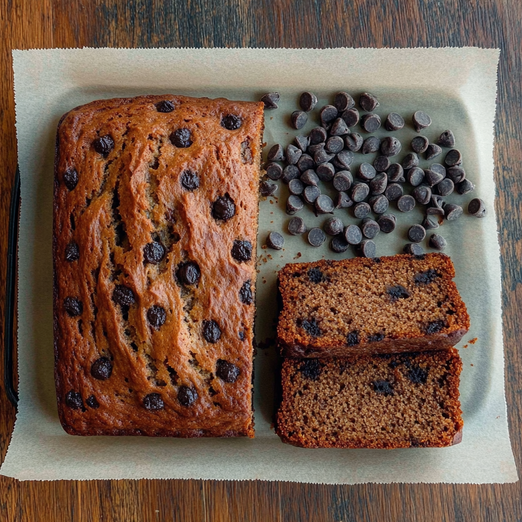 Freshly baked chocolate chip banana bread loaf sliced on a wooden board1