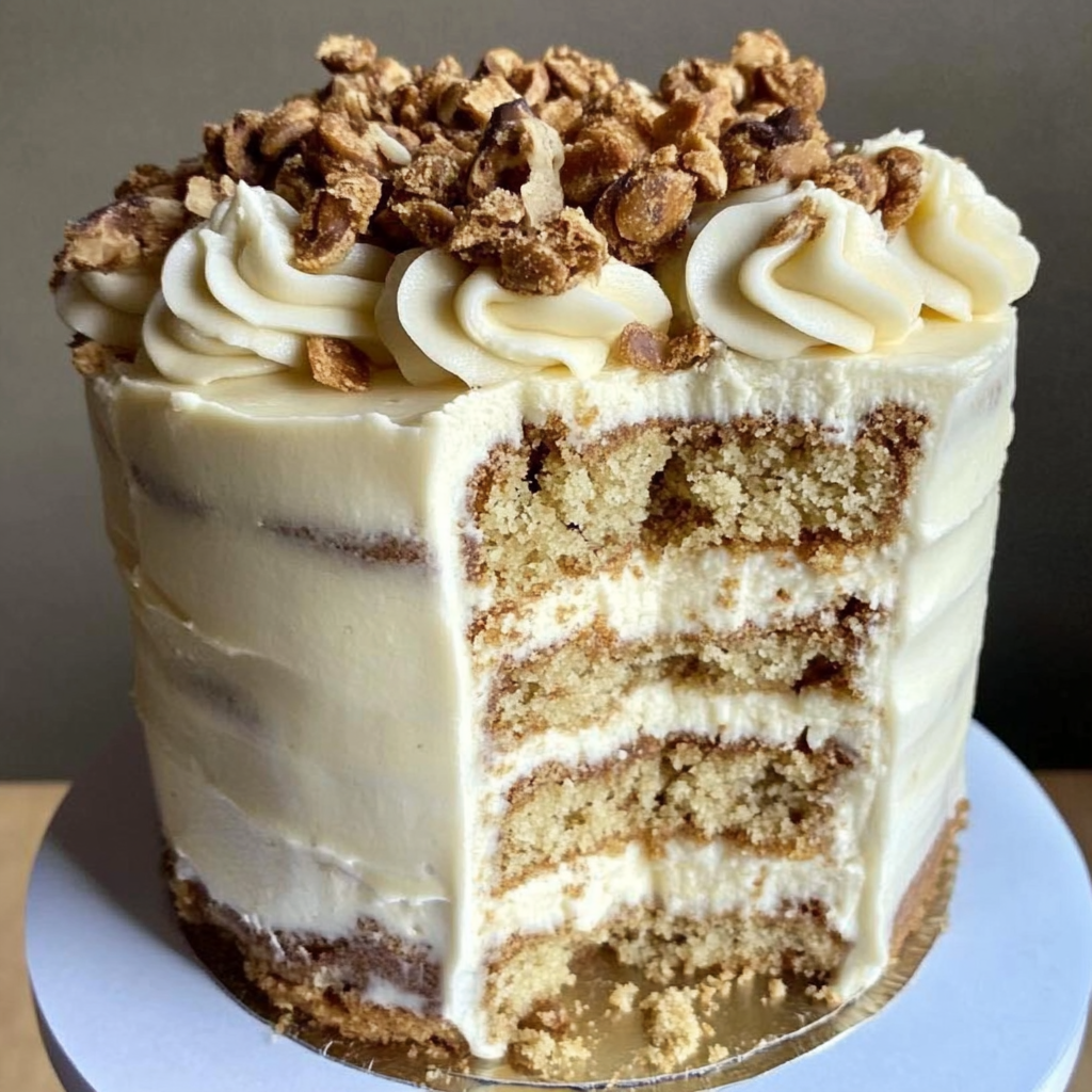 A moist slice of cookie butter cake with Biscoff cookies on the side, drizzled with cookie butter.2