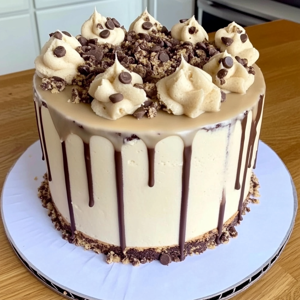 A moist slice of cookie butter cake with Biscoff cookies on the side, drizzled with cookie butter.1