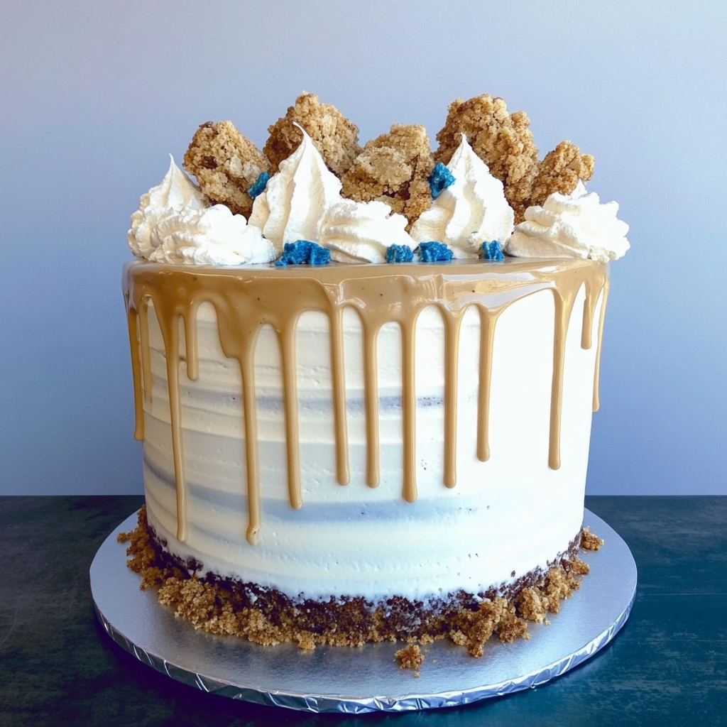 A moist slice of cookie butter cake with Biscoff cookies on the side, drizzled with cookie butter.4