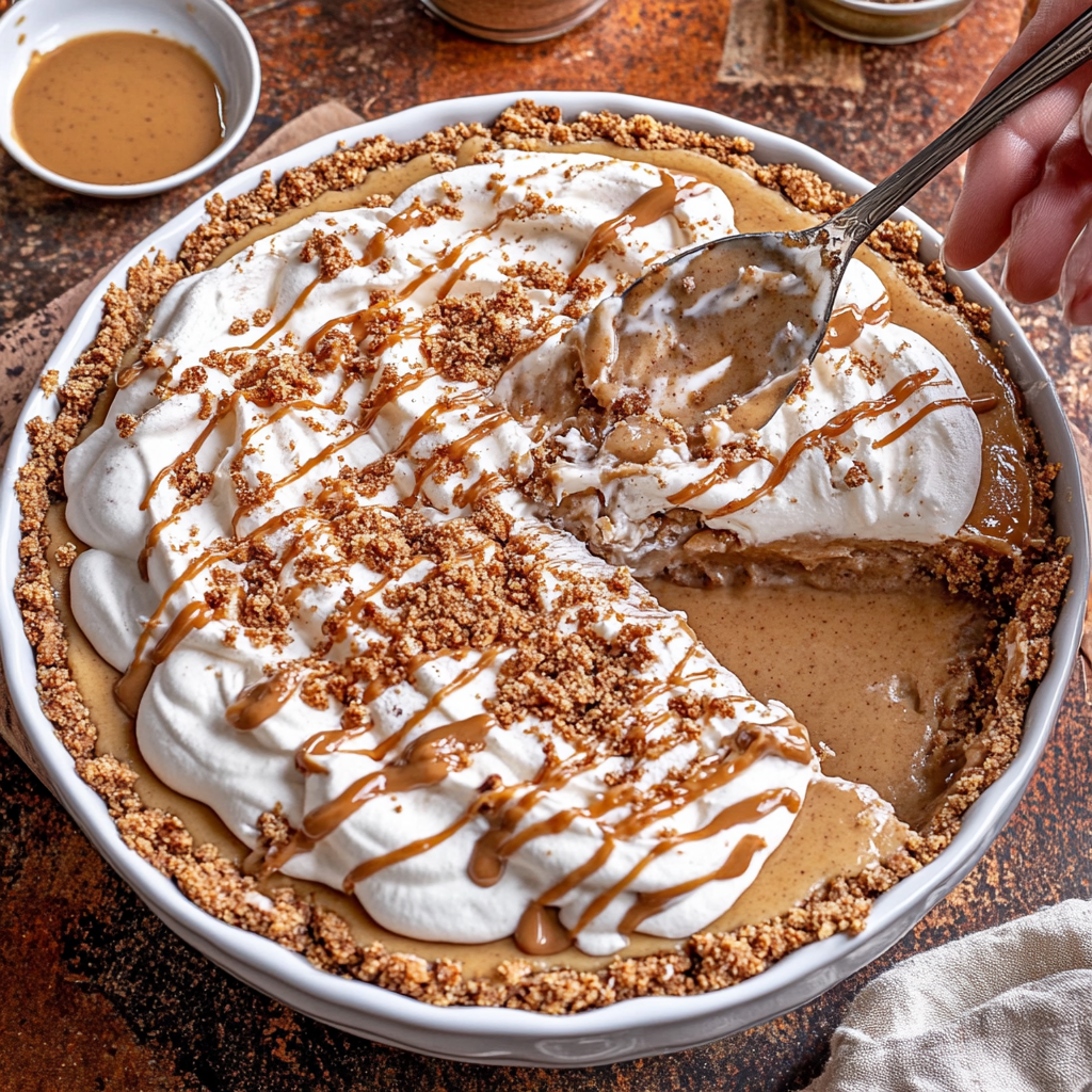 A slice of cookie butter pie topped with whipped cream and cookie crumbles on a white plate.2