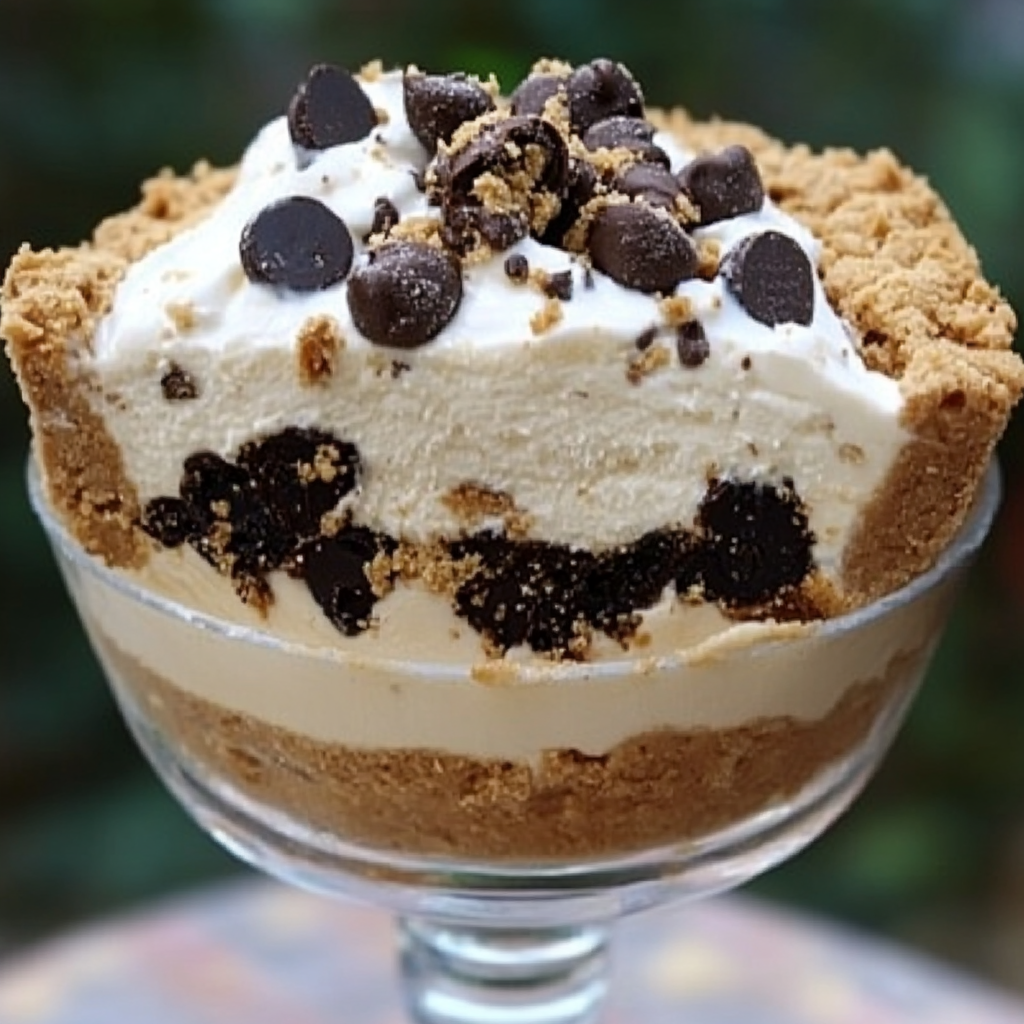 A slice of cookie butter pie topped with whipped cream and cookie crumbles on a white plate.4