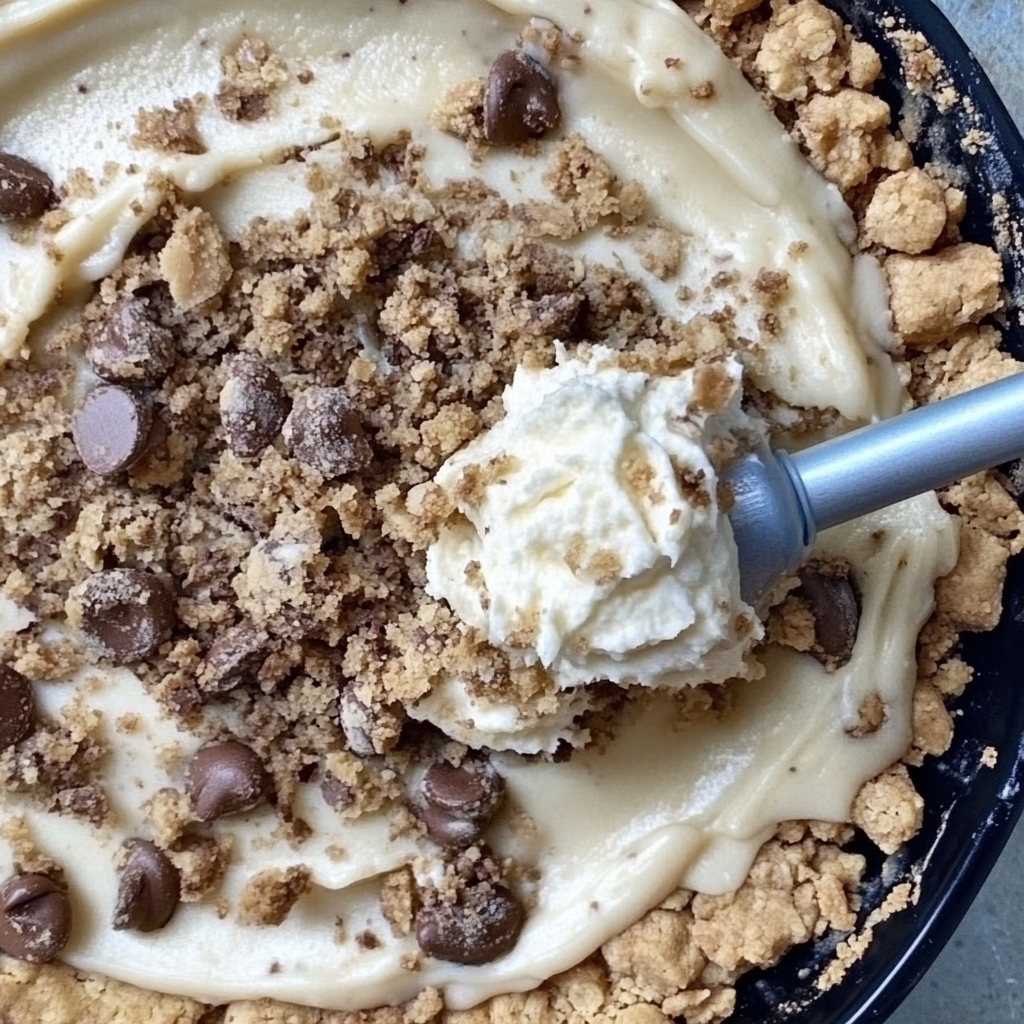 A slice of cookie butter pie topped with whipped cream and cookie crumbles on a white plate.3