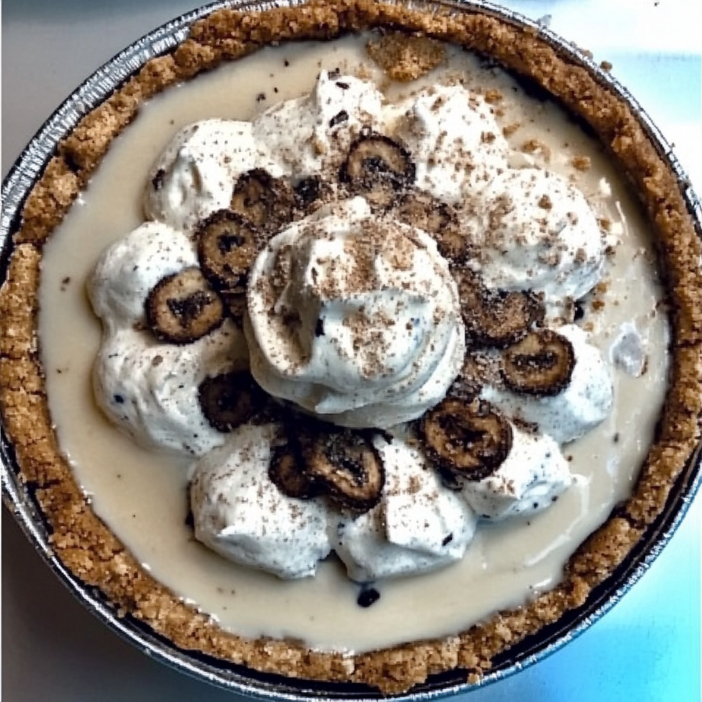 A slice of cookie butter pie topped with whipped cream and cookie crumbles on a white plate.1