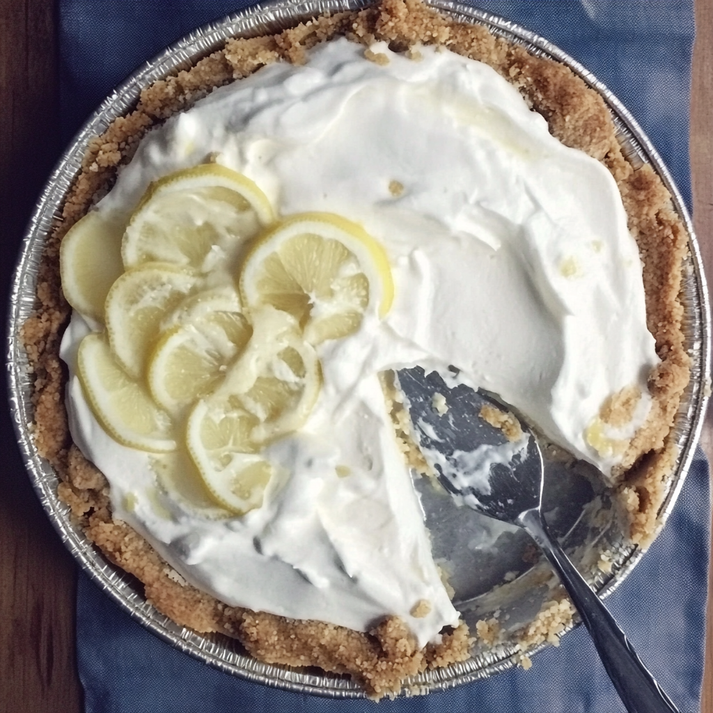 A slice of creamy lemon pie with a golden graham cracker crust, topped with whipped cream – the perfect homemade lemon dessert.3