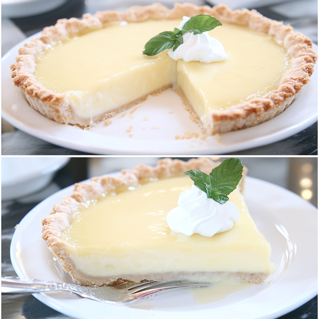 A slice of creamy lemon pie with a golden graham cracker crust, topped with whipped cream – the perfect homemade lemon dessert.1