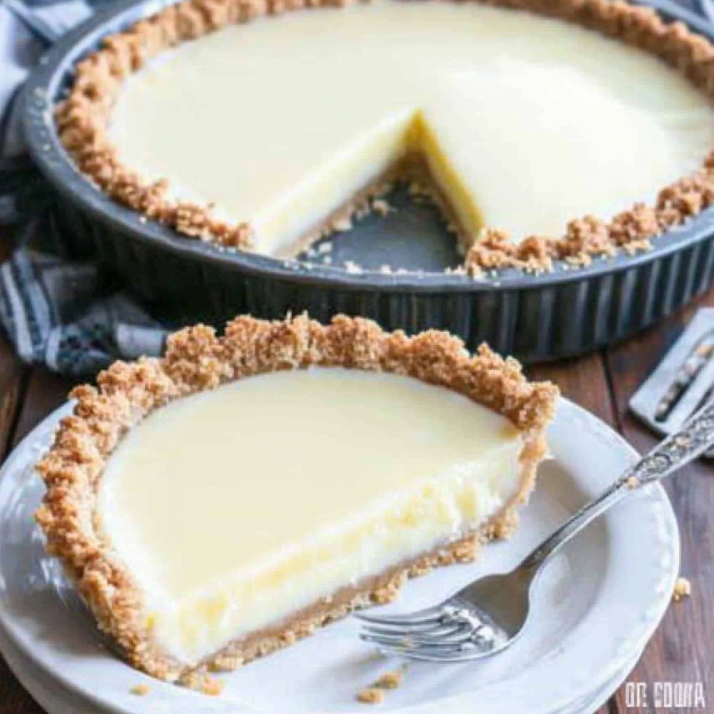 A slice of creamy lemon pie with a golden graham cracker crust, topped with whipped cream – the perfect homemade lemon dessert.4