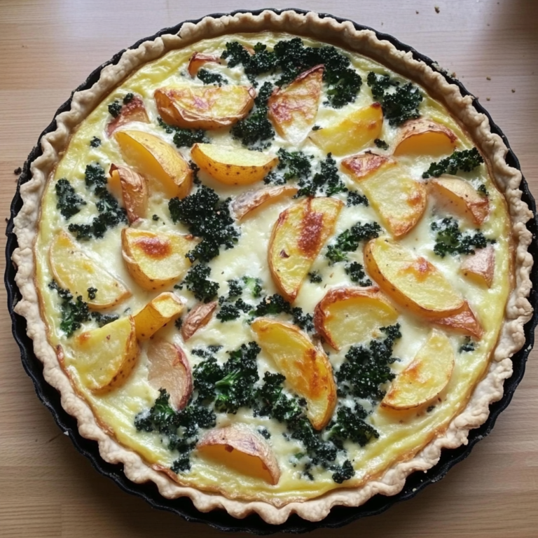 A freshly baked kale potato quiche sliced and served, showcasing a golden crust and vibrant kale and potato filling.1