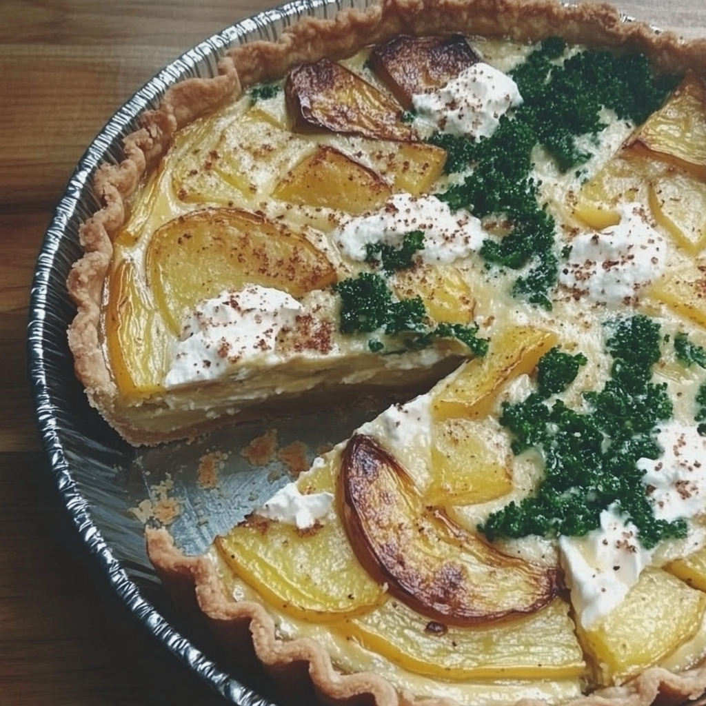 A freshly baked kale potato quiche sliced and served, showcasing a golden crust and vibrant kale and potato filling.3