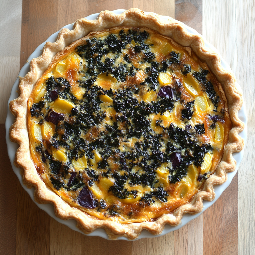 A freshly baked kale potato quiche sliced and served, showcasing a golden crust and vibrant kale and potato filling.2