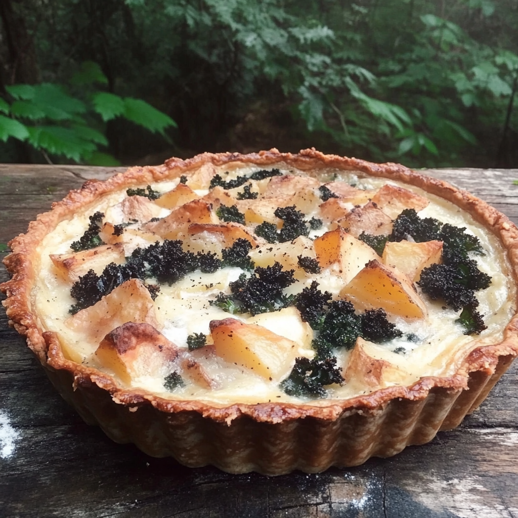 A freshly baked kale potato quiche sliced and served, showcasing a golden crust and vibrant kale and potato filling.4