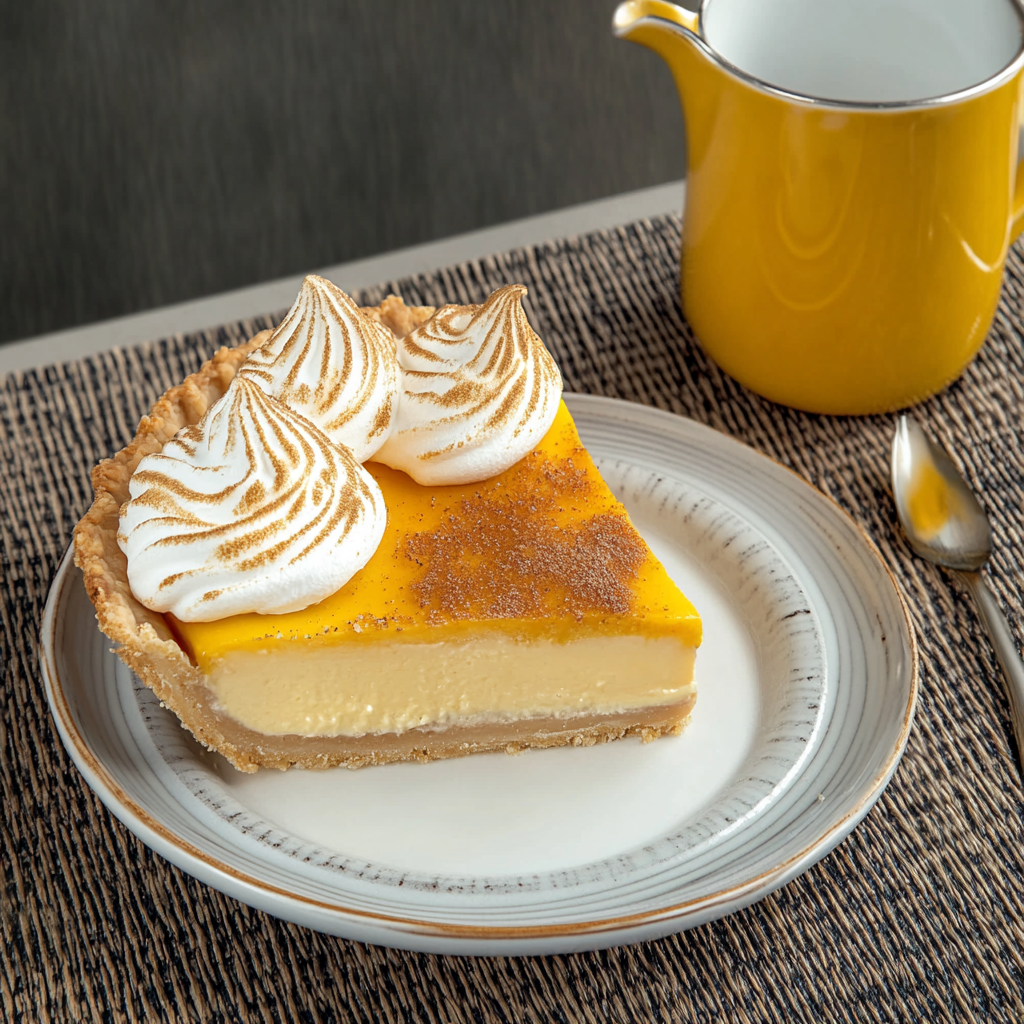 Golden brown meringue topping on a classic lemon meringue pie recipe with a flaky crust and vibrant lemon filling2