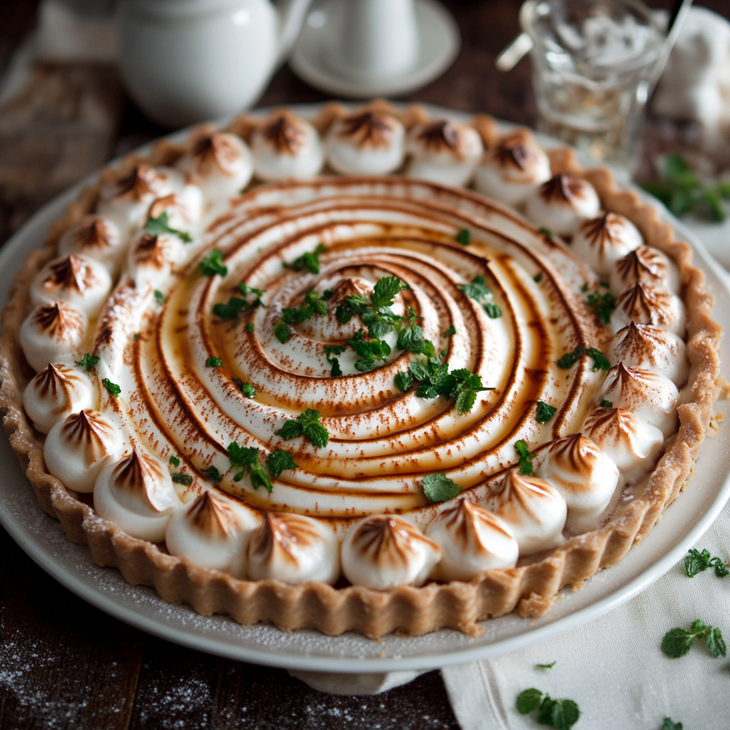 Golden brown meringue topping on a classic lemon meringue pie recipe with a flaky crust and vibrant lemon filling4