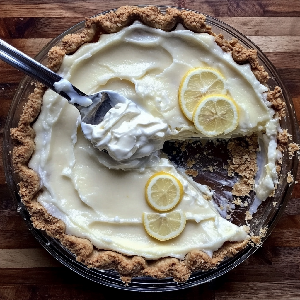 A slice of creamy lemon pie with golden crust and smooth lemon pie filling on a white plate.3