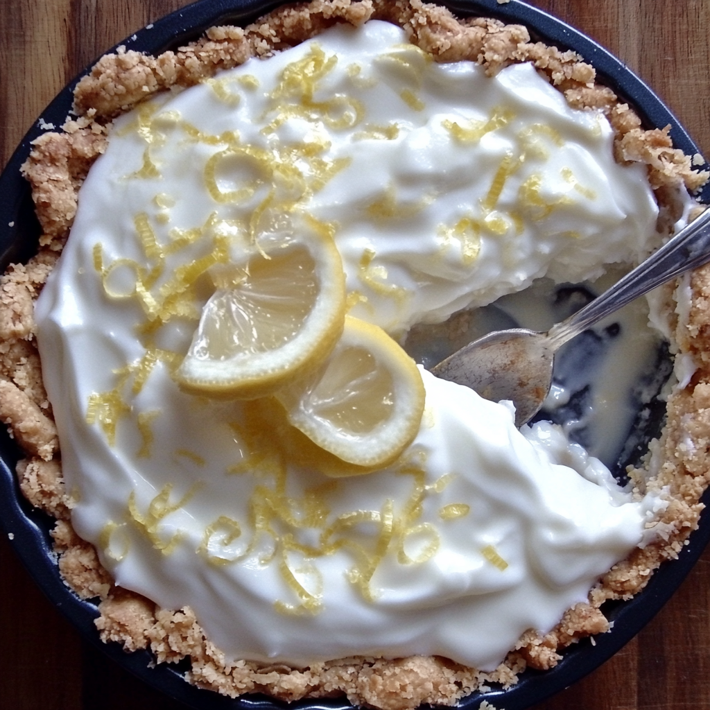 A slice of creamy lemon pie with golden crust and smooth lemon pie filling on a white plate.2