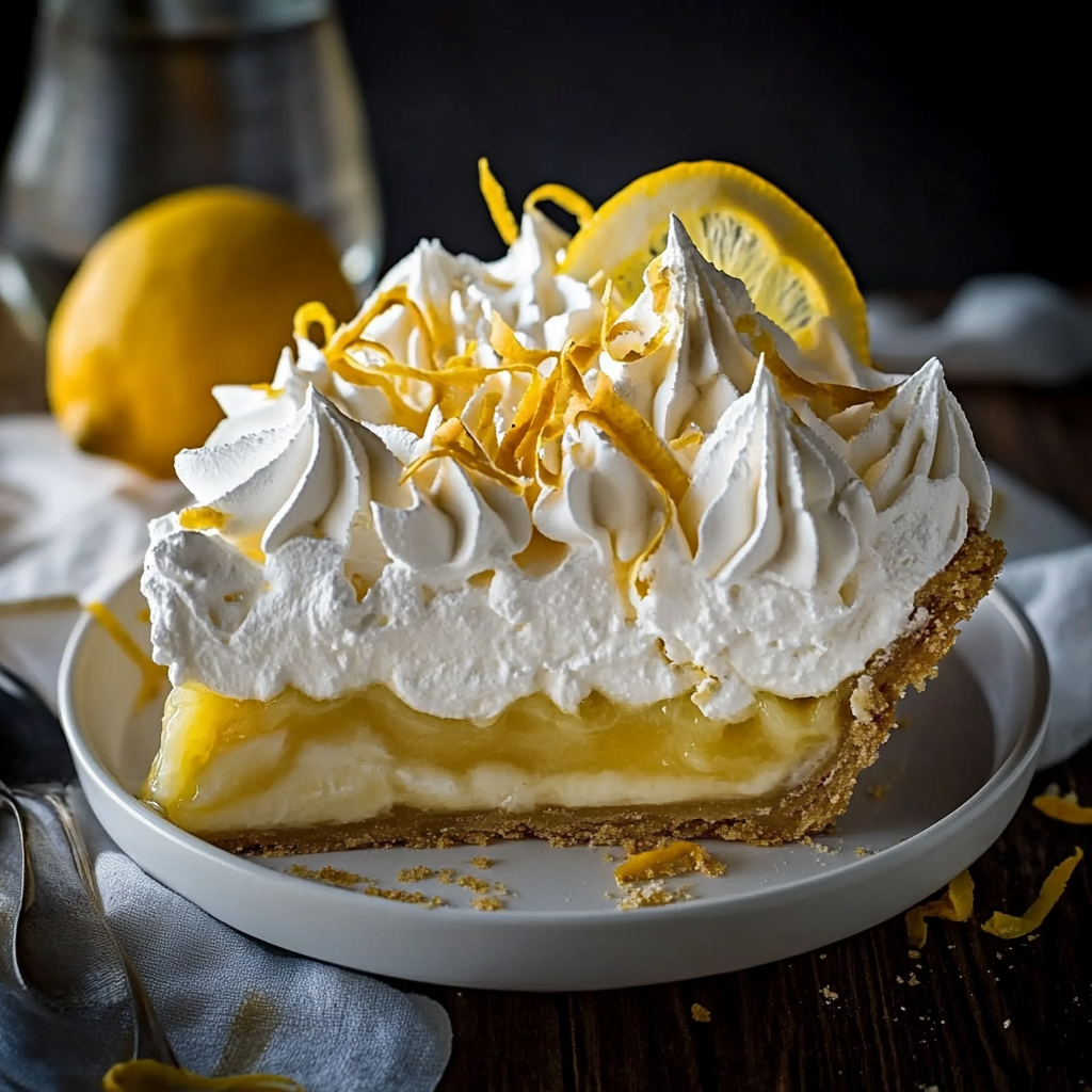 A slice of creamy lemon pie with golden crust and smooth lemon pie filling on a white plate.1