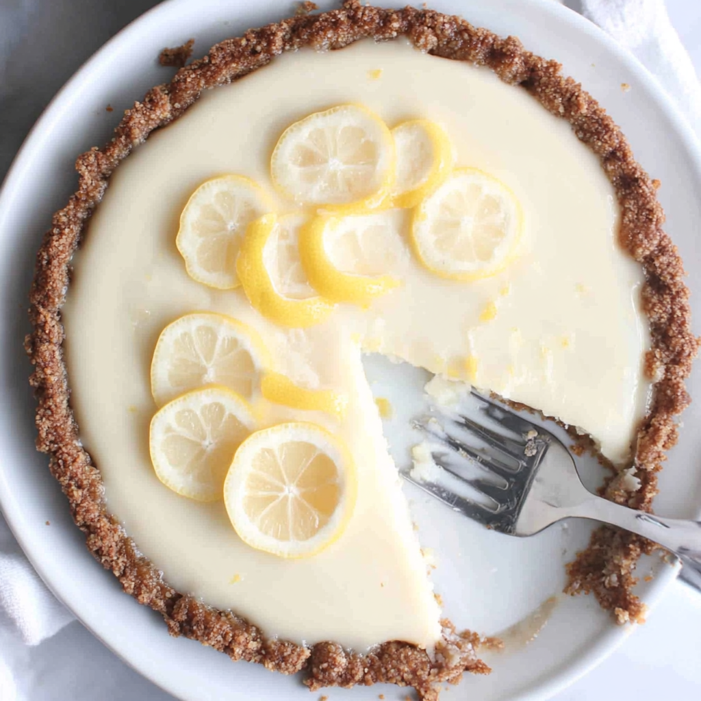 A slice of creamy no bake lemon pie topped with whipped cream and lemon zest on a white plate.4