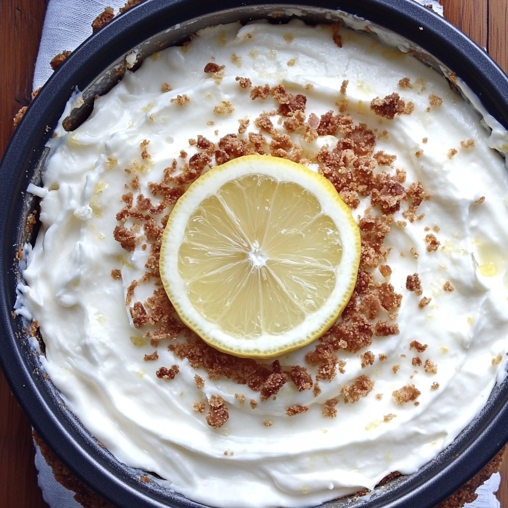 A slice of creamy no bake lemon pie topped with whipped cream and lemon zest on a white plate.1
