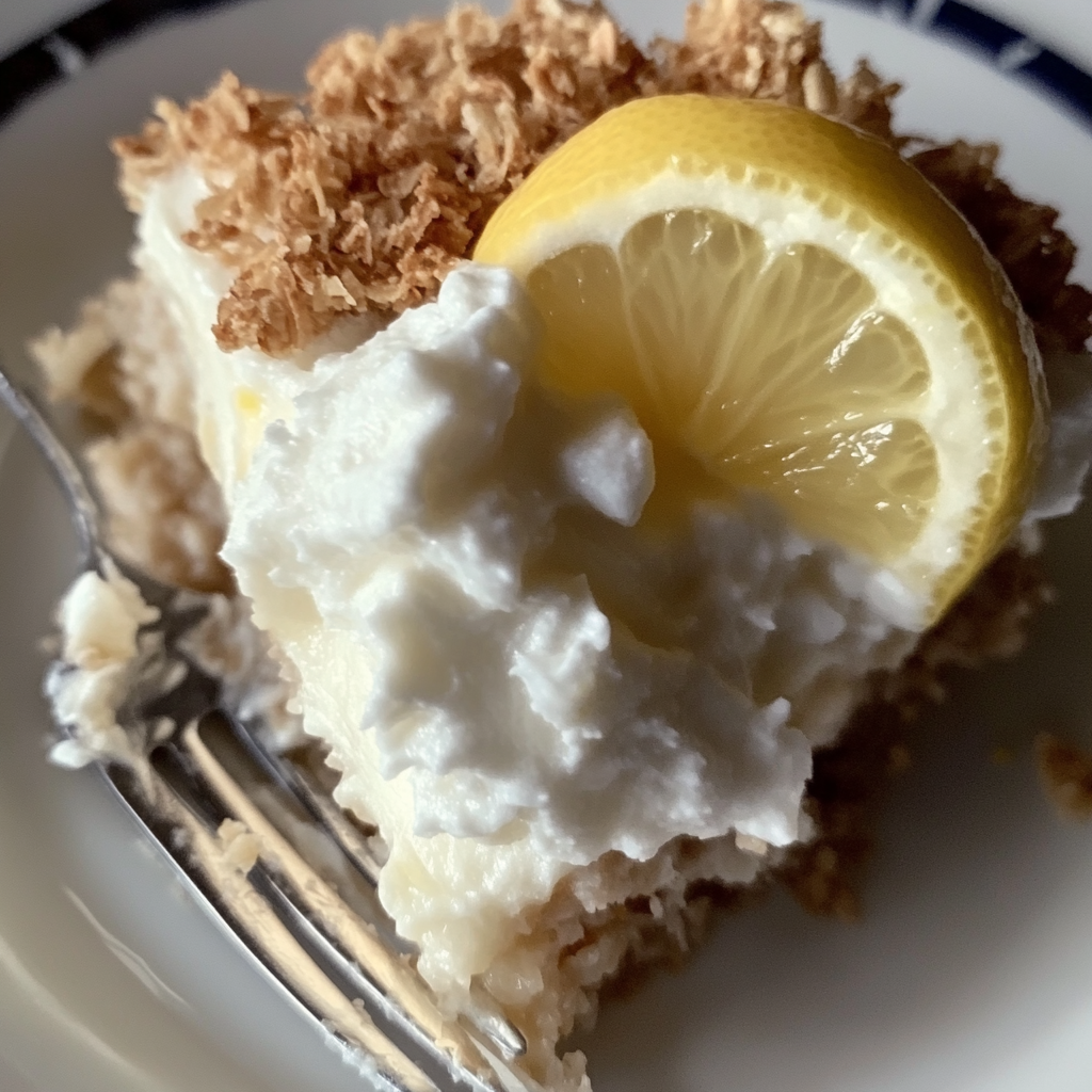 A slice of creamy no bake lemon pie topped with whipped cream and lemon zest on a white plate.2