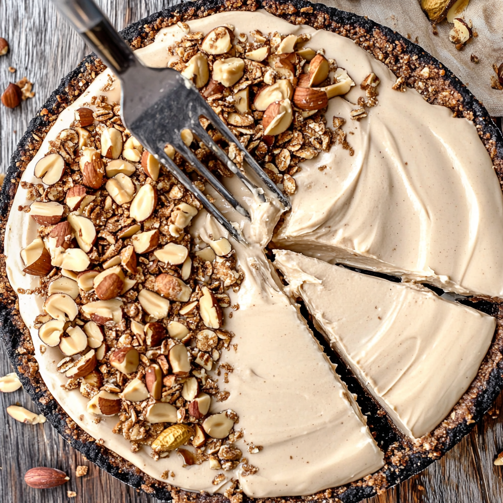 Creamy no-bake peanut butter pie topped with chocolate drizzle in a graham cracker crust, served on a white plate.1