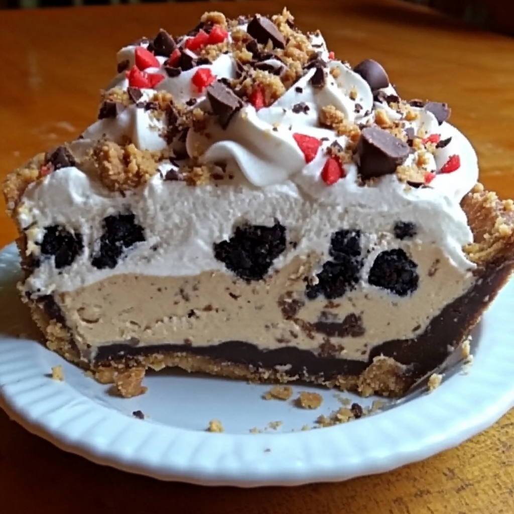 Creamy no-bake peanut butter pie topped with chocolate drizzle in a graham cracker crust, served on a white plate.2