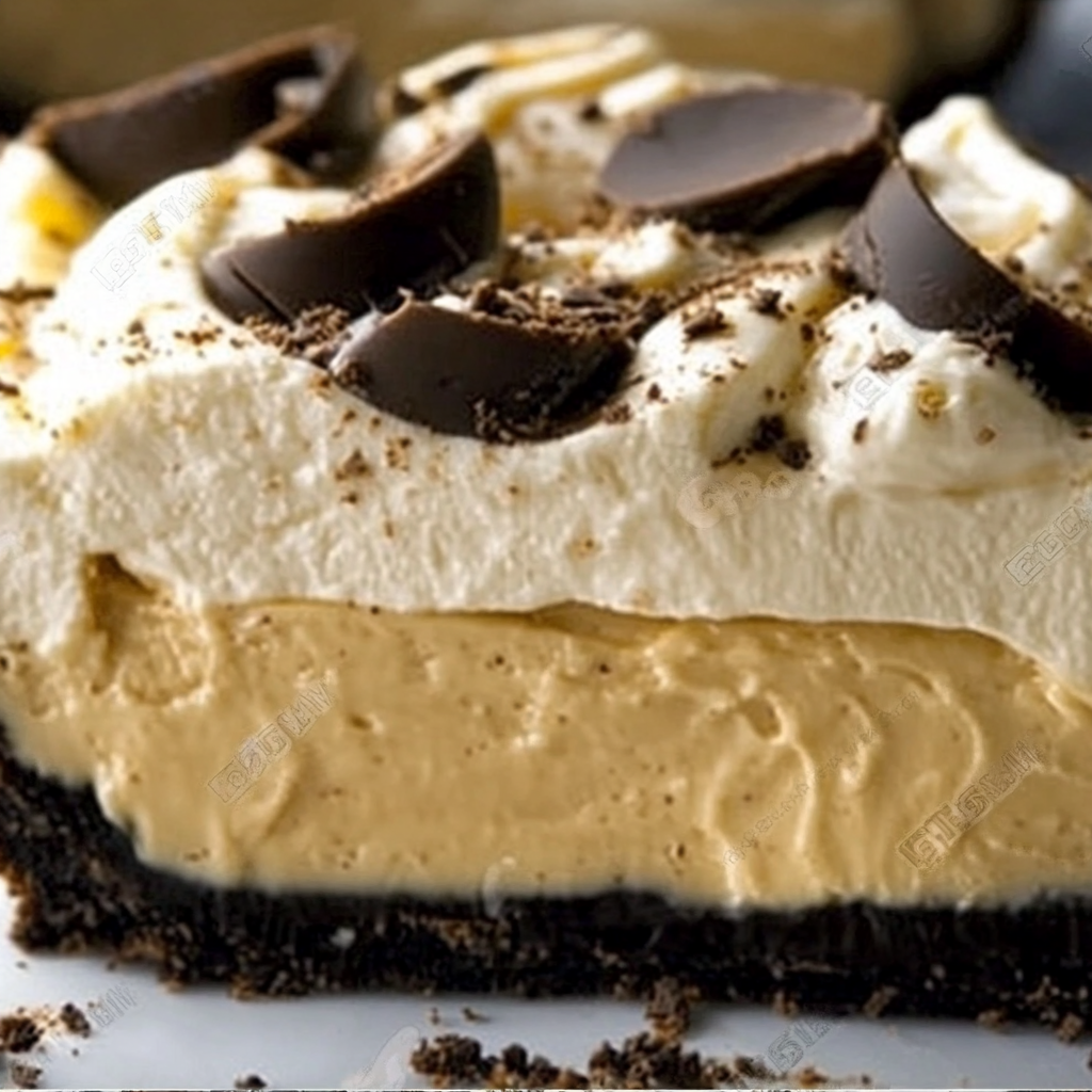 Creamy no-bake peanut butter pie topped with chocolate drizzle in a graham cracker crust, served on a white plate.3