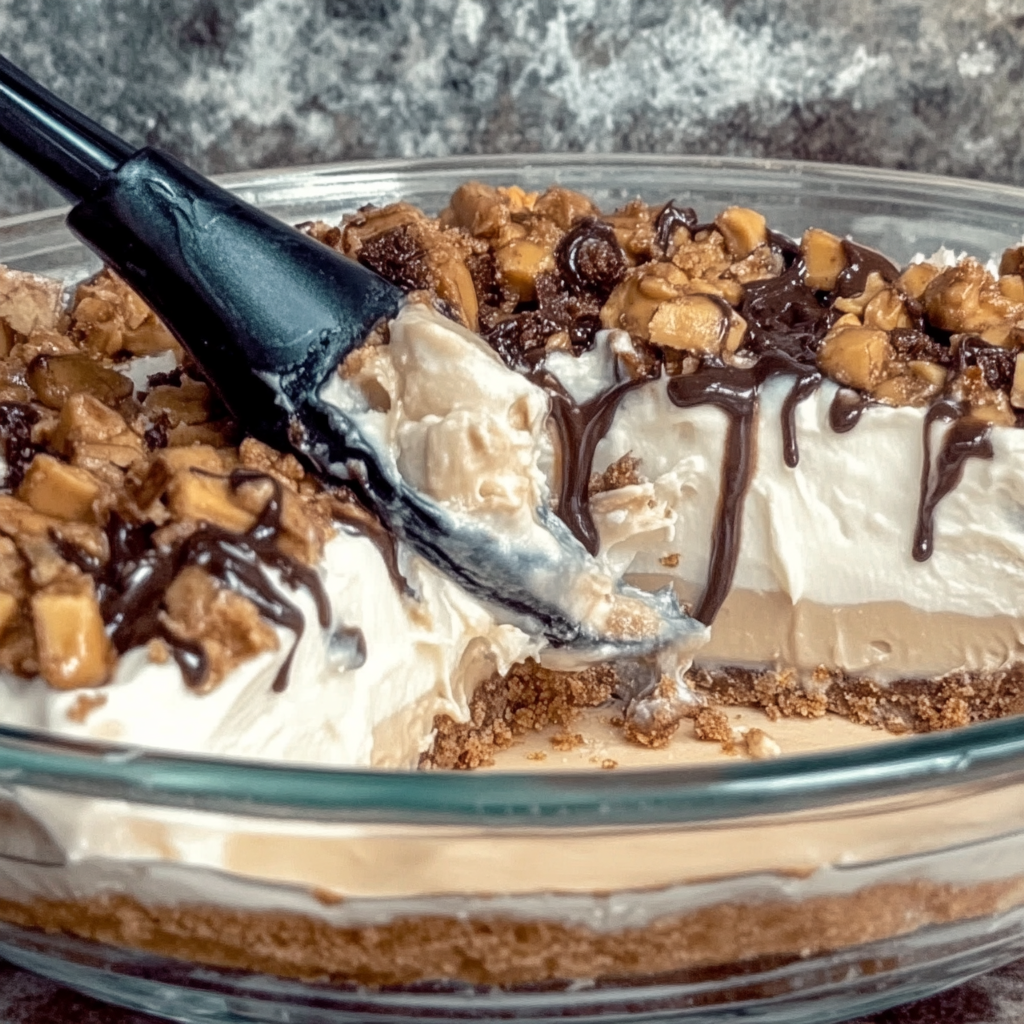 Creamy no-bake peanut butter pie topped with chocolate drizzle in a graham cracker crust, served on a white plate.4