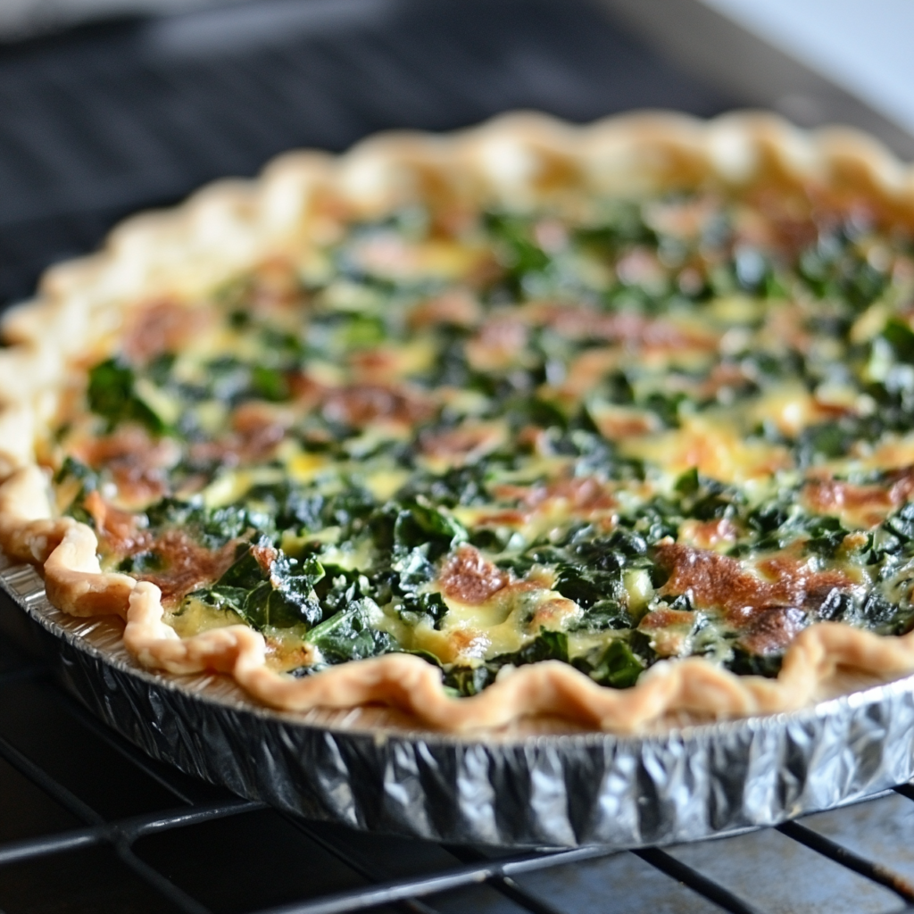 Freshly baked spinach kale quiche with golden crust, packed with leafy greens and served as a healthy superfood breakfast.4