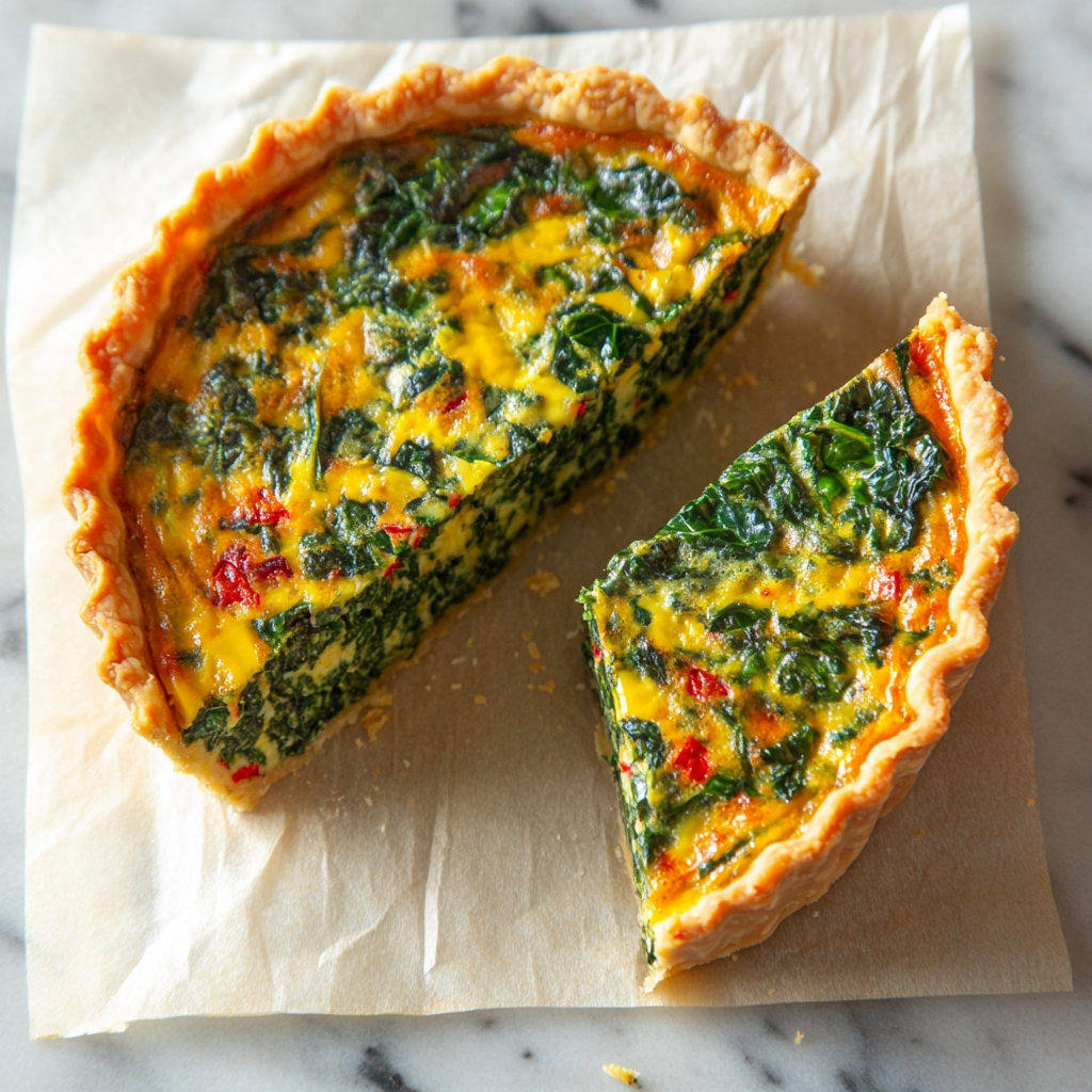 Freshly baked spinach kale quiche with golden crust, packed with leafy greens and served as a healthy superfood breakfast.2