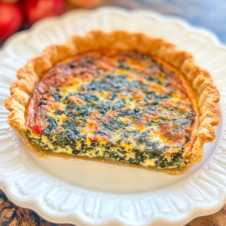 Freshly baked spinach kale quiche with golden crust, packed with leafy greens and served as a healthy superfood breakfast.1