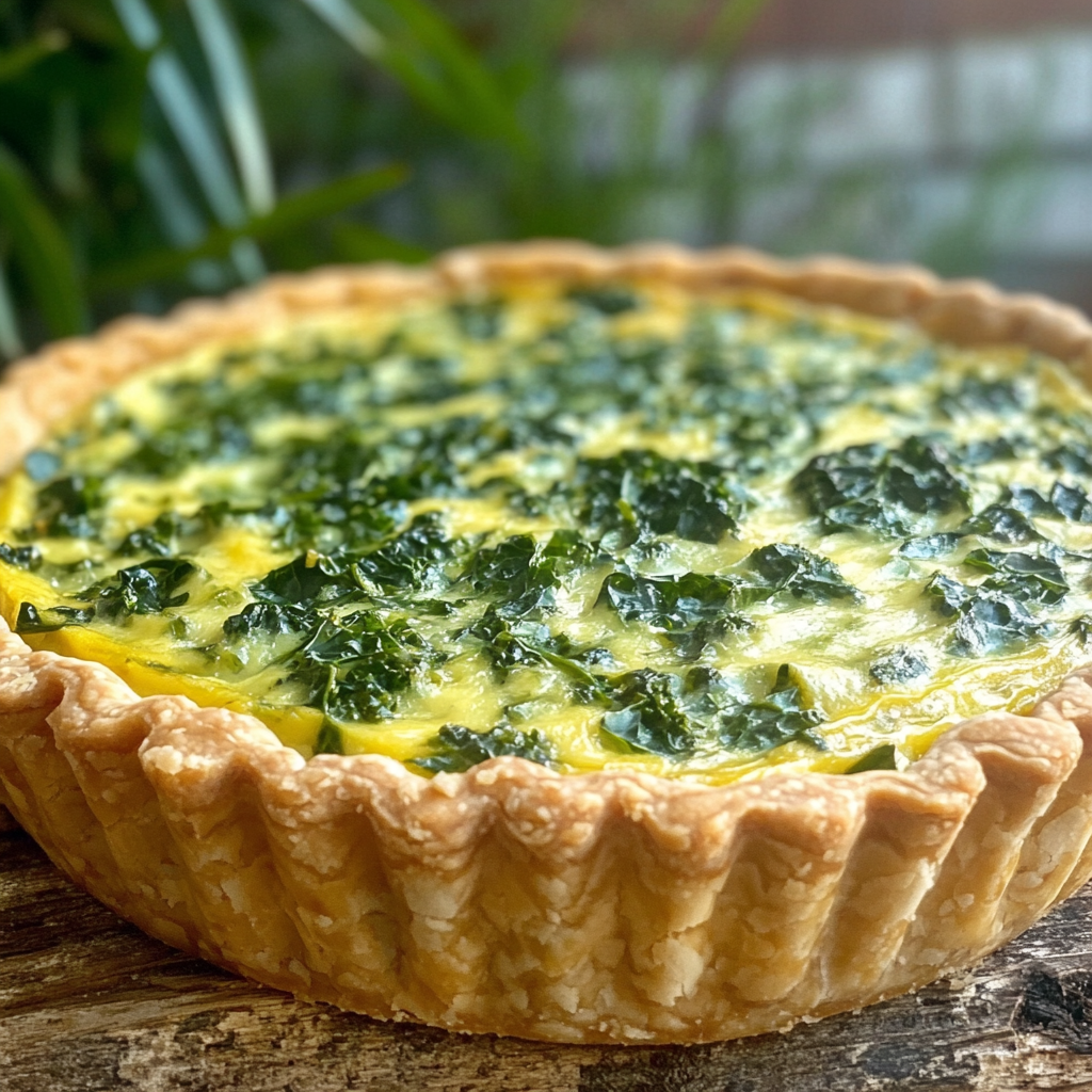 Freshly baked spinach kale quiche with golden crust, packed with leafy greens and served as a healthy superfood breakfast.3