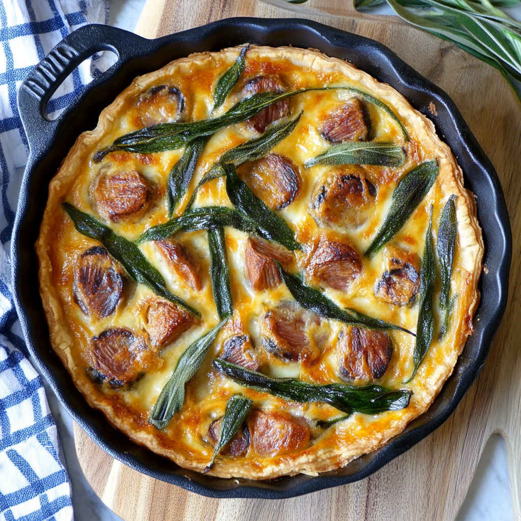 A freshly baked Tuscan quiche with golden crust, spinach, sun-dried tomatoes, and herbs on a rustic wooden table.2