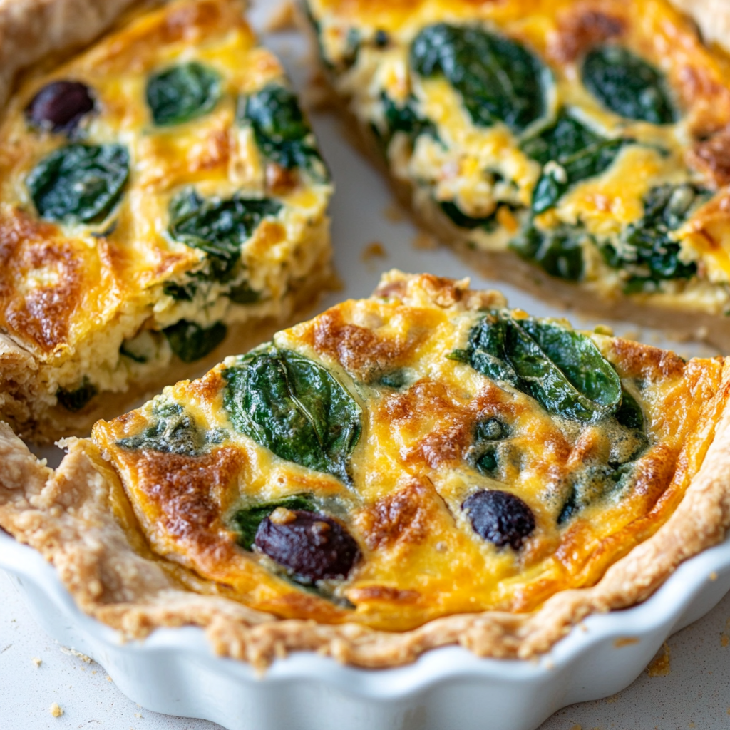 A freshly baked Tuscan quiche with golden crust, spinach, sun-dried tomatoes, and herbs on a rustic wooden table.1