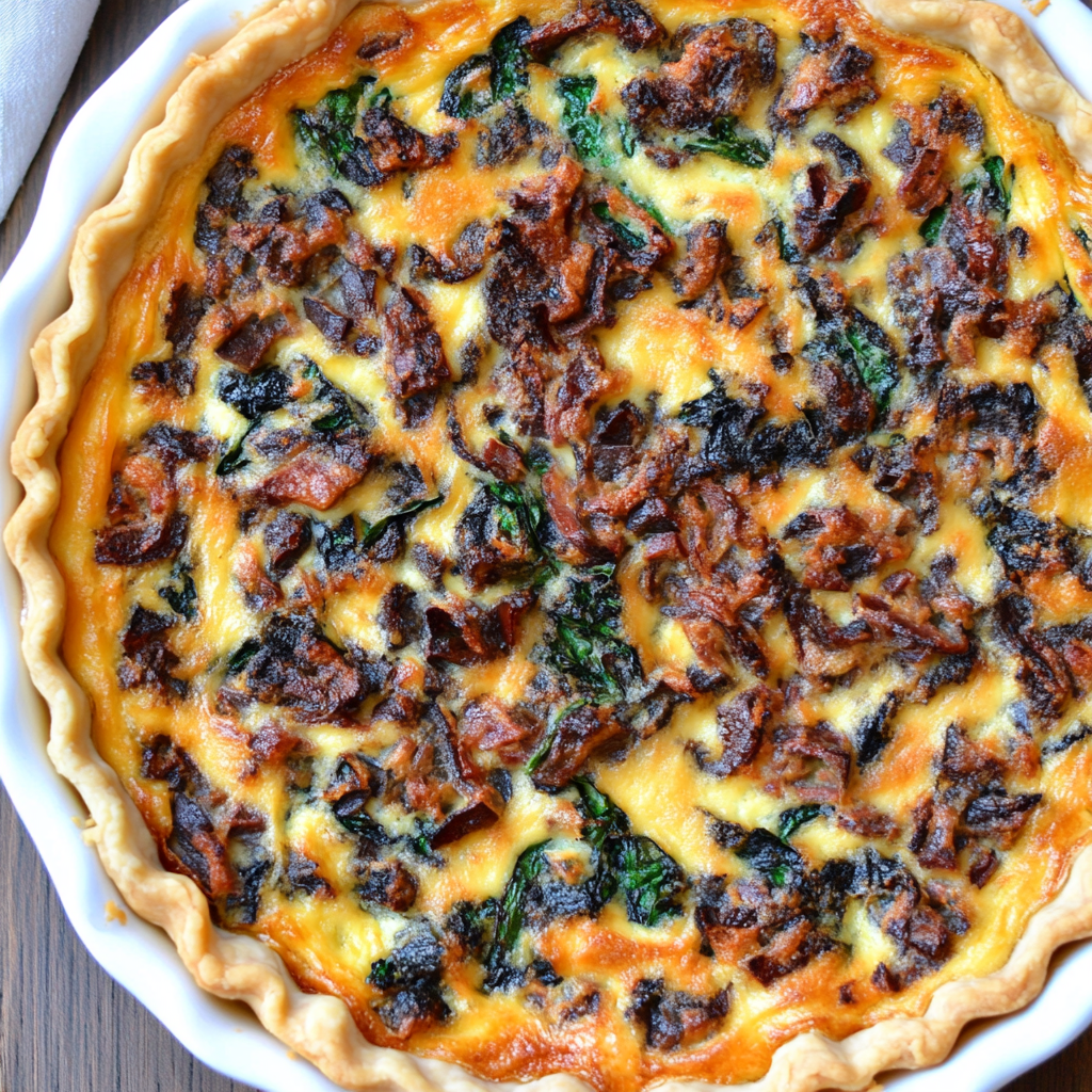 A freshly baked Tuscan quiche with golden crust, spinach, sun-dried tomatoes, and herbs on a rustic wooden table.3