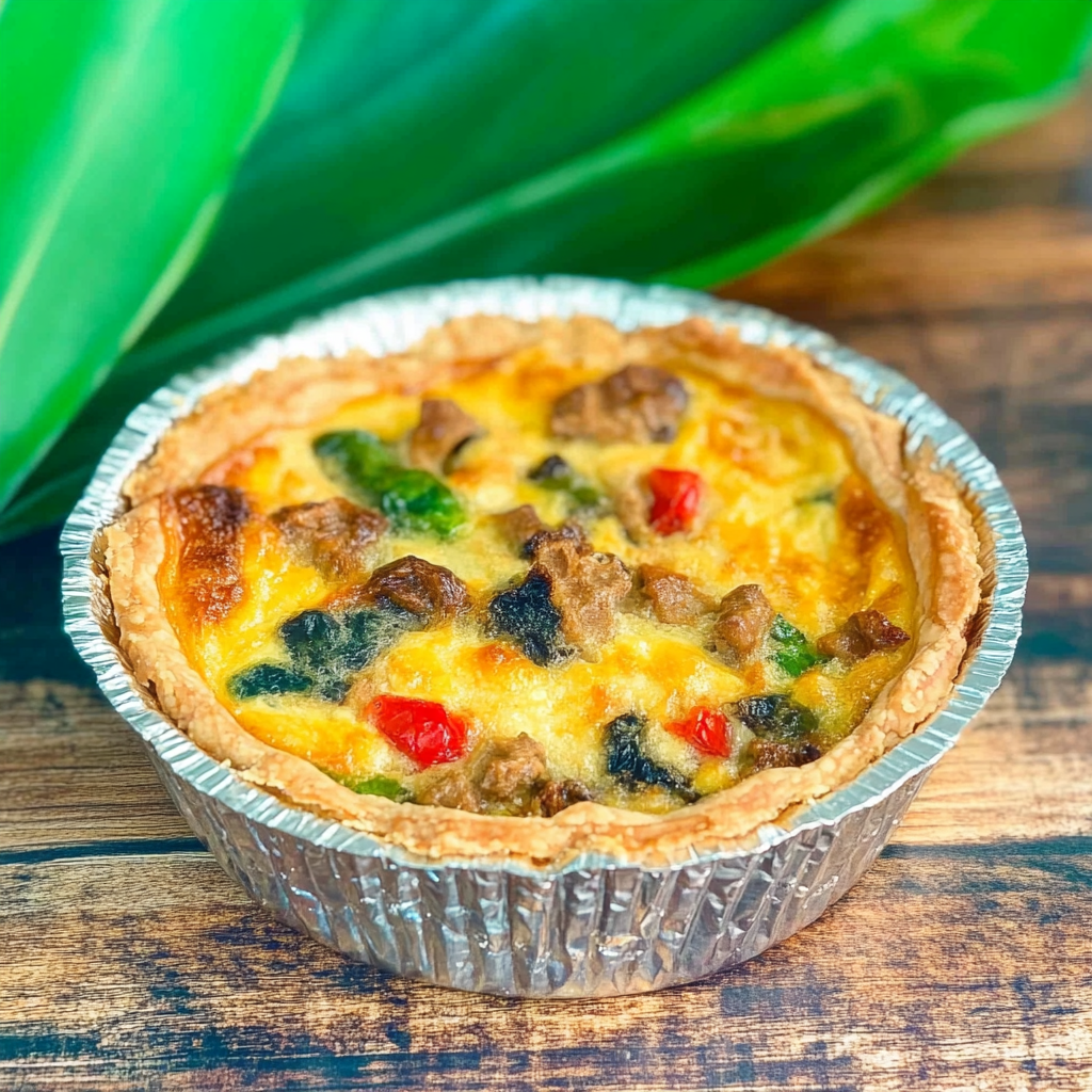 A freshly baked Tuscan quiche with golden crust, spinach, sun-dried tomatoes, and herbs on a rustic wooden table.4