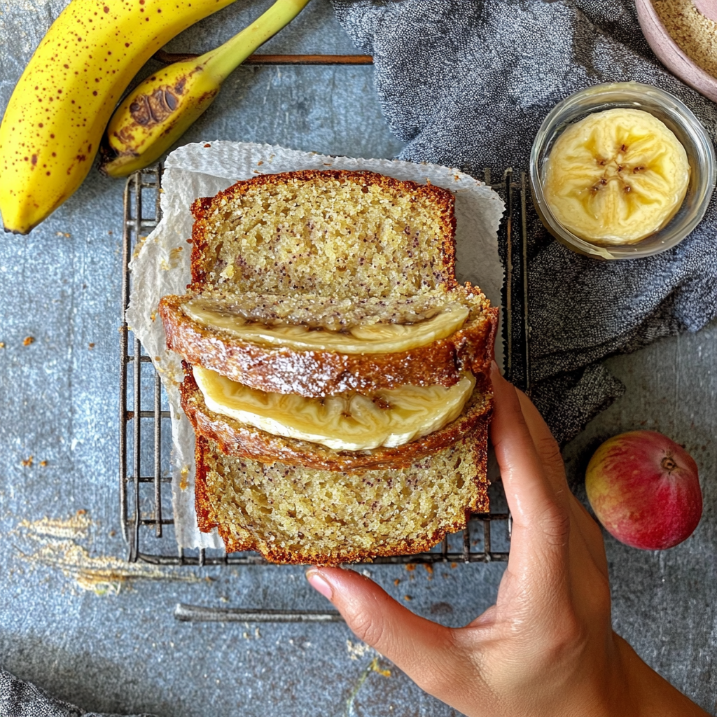 Freshly baked vegan banana bread loaf with slices, showcasing moist texture and dairy-free ingredients.3
