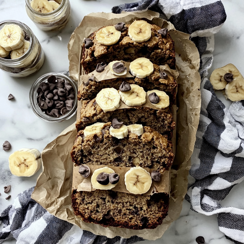 Freshly baked vegan banana bread loaf with slices, showcasing moist texture and dairy-free ingredients.2