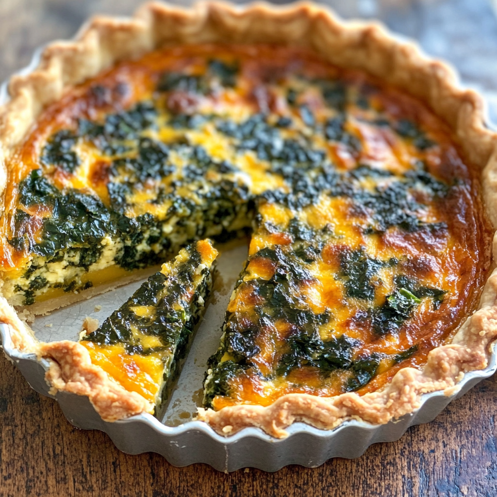 Sliced vegan kale quiche with golden crust and vibrant green kale, a healthy plant-based and dairy-free meal option.3