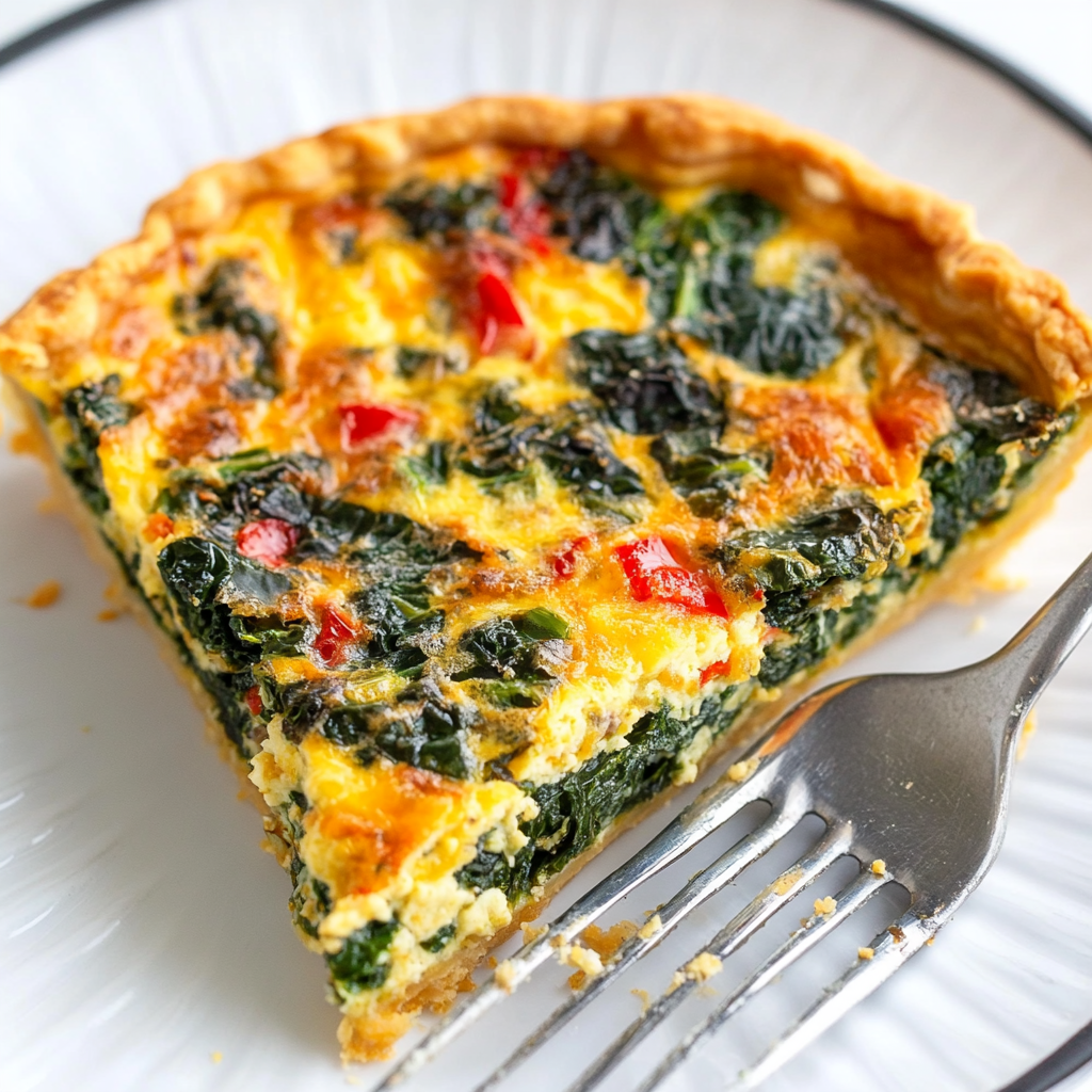 Sliced vegan kale quiche with golden crust and vibrant green kale, a healthy plant-based and dairy-free meal option.2