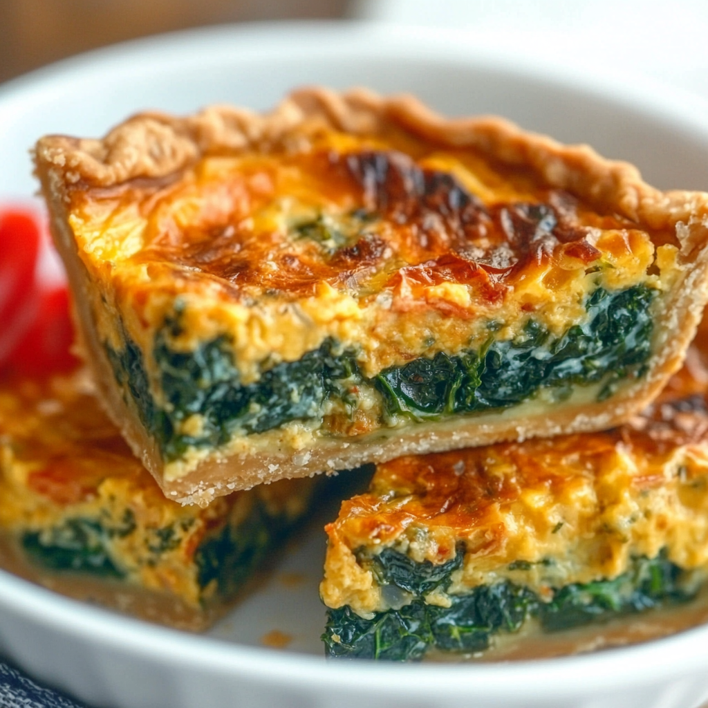 Sliced vegan kale quiche with golden crust and vibrant green kale, a healthy plant-based and dairy-free meal option.4