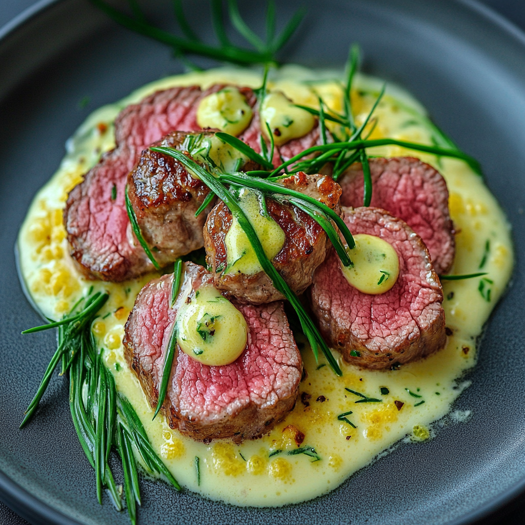 Perfectly seared beef fillet with Béarnaise sauce served with roasted vegetables on a white plate2