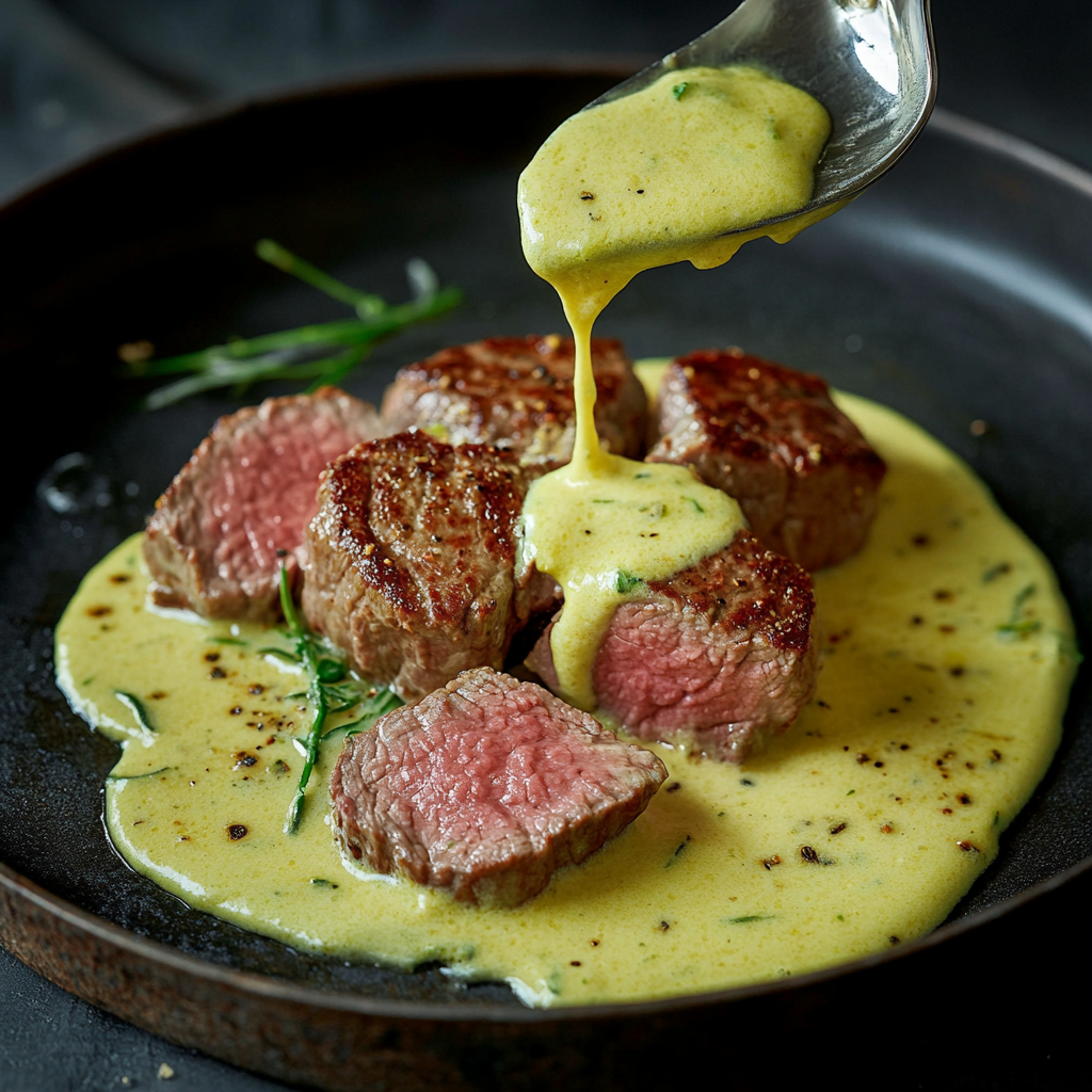 Perfectly seared beef fillet with Béarnaise sauce served with roasted vegetables on a white plate1
