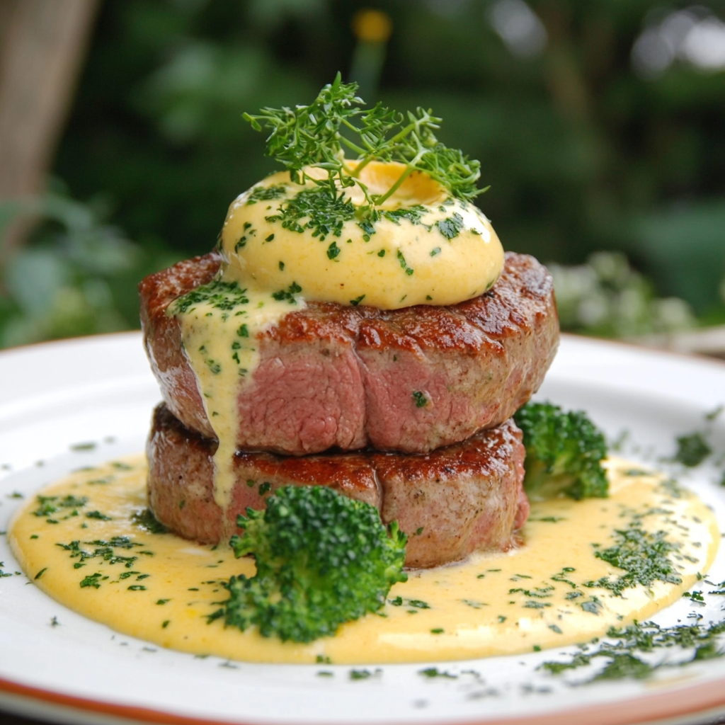 Perfectly seared beef fillet with Béarnaise sauce served with roasted vegetables on a white plate3
