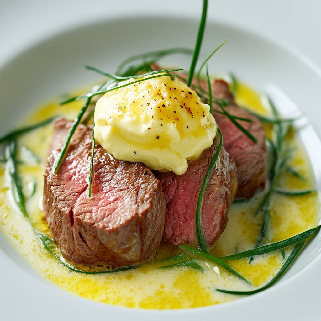 Perfectly seared beef fillet with Béarnaise sauce served with roasted vegetables on a white plate4